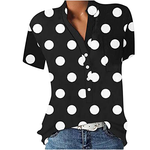 JiJiRuDU Bluse Damen Sommer Kurzarm Oberteile Tshirt V-Ausschnitte Elegant Sommershirts Mode Lose Damenblusen Knopfleiste Blumen Drucken Hemdbluse T-Shirt Tops Henley Hemd Basic Shirts von JiJiRuDU