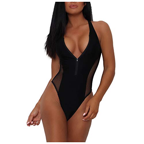 JiJiRuDU Damen Badeanzug Sport Race Back Monokini mit Reissverschluss Vorne High Waist Push Up Strandmode Mesh Zierausschnitten Taillierte High Leg Cut Einteilige Bademode Swimsuit(Schwarz, XL) von JiJiRuDU