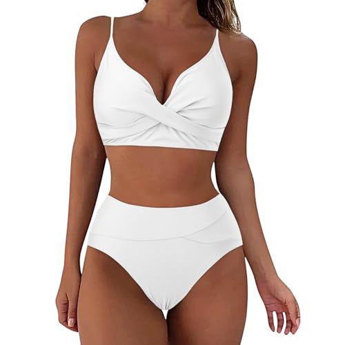 JiJiRuDU Damen Bikini Set Wickel Push Up Oberteil mit Bauchweg High Waist Bikini Set Bademode Elegant Crossover Gepolstert Zweiteiliger Badeanzug Swimsuit(Weiß,S) von JiJiRuDU