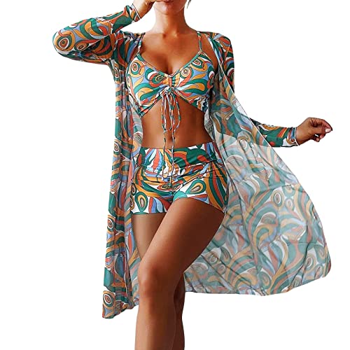JiJiRuDU Damen Bikini Set mit Boyshort Bikini Cover up Strandponcho Strandtunika Retro Boho Bedruckt 3-teilig Bikini Bademode Zweiteiliger Badeanzug Swimsuit(D,M) von JiJiRuDU