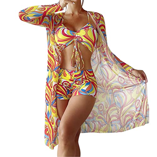 JiJiRuDU Damen Bikini Set mit Boyshort Bikini Cover up Strandponcho Strandtunika Retro Boho Bedruckt 3-teilig Bikini Bademode Zweiteiliger Badeanzug Swimsuit(G,M) von JiJiRuDU