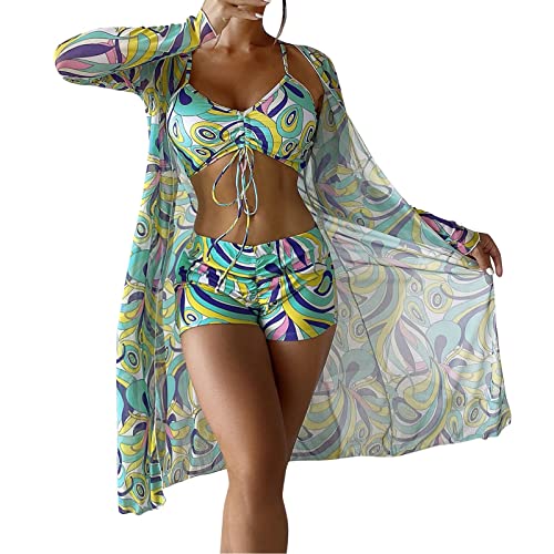 JiJiRuDU Damen Bikini Set mit Boyshort Bikini Cover up Strandponcho Strandtunika Retro Boho Bedruckt 3-teilig Bikini Bademode Zweiteiliger Badeanzug Swimsuit(ICH,M) von JiJiRuDU
