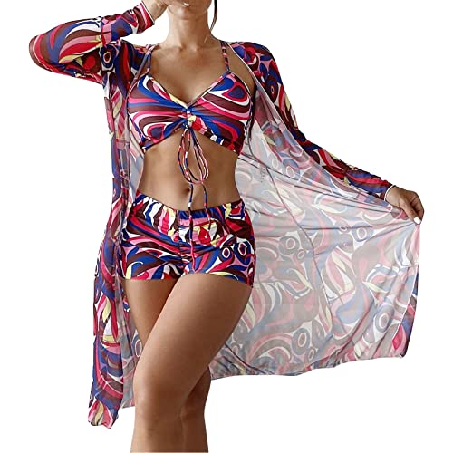 JiJiRuDU Damen Bikini Set mit Boyshort Bikini Cover up Strandponcho Strandtunika Retro Boho Bedruckt 3-teilig Bikini Bademode Zweiteiliger Badeanzug Swimsuit(J,L) von JiJiRuDU
