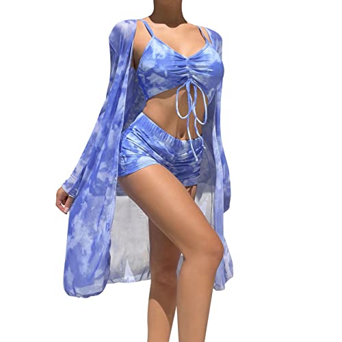 JiJiRuDU Damen Bikini Set mit Boyshort Bikini Cover up Strandponcho Strandtunika Retro Boho Bedruckt 3-teilig Bikini Bademode Zweiteiliger Badeanzug Swimsuit(K,M) von JiJiRuDU