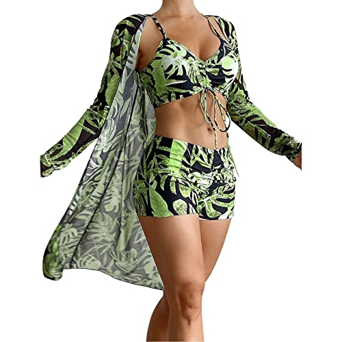 JiJiRuDU Damen Bikini Set mit Boyshort Bikini Cover up Strandponcho Strandtunika Retro Boho Bedruckt 3-teilig Bikini Bademode Zweiteiliger Badeanzug Swimsuit(L,M) von JiJiRuDU