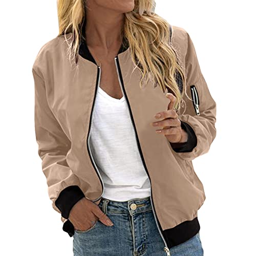 JiJiRuDU Damen Blouson Leichte Frauen Dünne Bomberjacke Kurzjacke Pilotenjacke Fliegerjacke Light Frühlingsjacke Urban Old School Khaki von JiJiRuDU