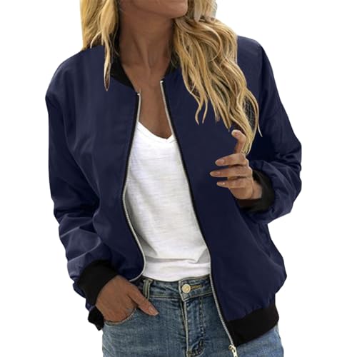 JiJiRuDU Damen Bomberjacke Kurz Langarm College Jacke Fliegerjacke Leichte Dünne Pilotenjacke Motorradjacke mit 2 Taschen Blouson Navy Blau für Fruhling Sommer Herbst von JiJiRuDU