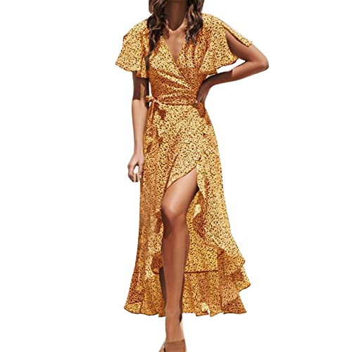 JiJiRuDU Damen Kleid Wickeloptik V Ausschnitt Kurzarm High Low Wickelkleid Rüschensaum Lange Freizeitkleider Sommer Strand Maxi Dress Boho Kleid Partykleid mit Gürtel von JiJiRuDU