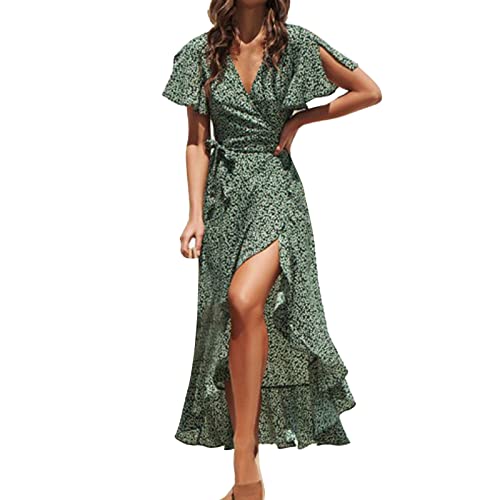 JiJiRuDU Damen Kleid Wickeloptik V Ausschnitt Kurzarm High Low Wickelkleid Rüschensaum Lange Freizeitkleider Sommer Strand Maxi Dress Boho Kleid Partykleid mit Gürtel von JiJiRuDU