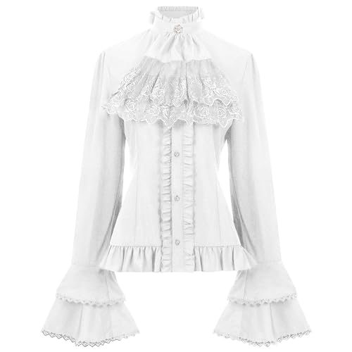 JiJiRuDU Damen Rüschenbluse Mittelalter Wikinger Trachtenbluse Vintage Gothic Viktorianische Bluse Mittelalter Oberteil Gesmokt Langarmshirt Steampunk Kleidung Wickelbluse für Party von JiJiRuDU