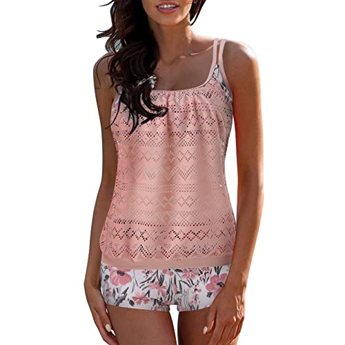 JiJiRuDU Damen Tankini Zweiteilig Damen Tankini Bauchweg Tankini Set Zweiteiliger Badeanzug Zweiteiler Tankinis Mesh-Spitzen Tankini Set mit Boyshort von JiJiRuDU