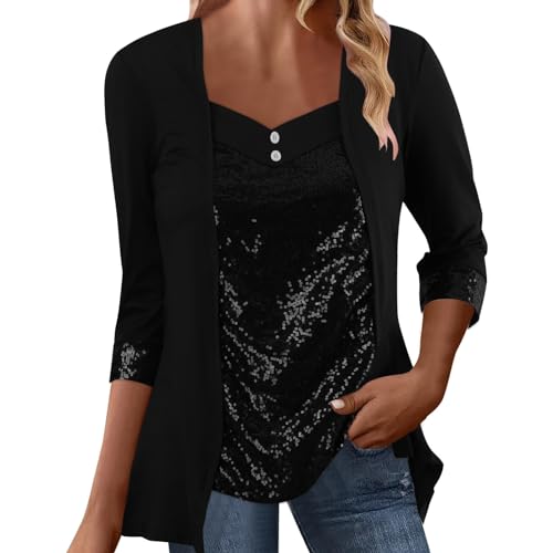 JiJiRuDU Damen V-Ausschnitt Pailletten Oberteil Elegant Bluse Trompetenärmel 70er Glitzer Oberteile Vintage Party Cocktail Top Slim Fit Festlich Rüschen Tunika Langarmshirts von JiJiRuDU