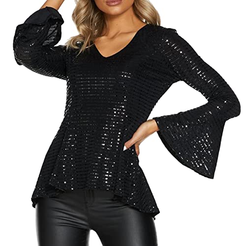 JiJiRuDU Damen V-Ausschnitt Pailletten Oberteil Elegant Bluse Trompetenärmel 70er Glitzer Oberteile Vintage Party Cocktail Top Slim Fit Festlich Rüschen Tunika Langarmshirts von JiJiRuDU