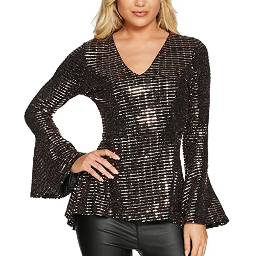 JiJiRuDU Damen V-Ausschnitt Pailletten Oberteil Elegant Bluse Trompetenärmel 70er Glitzer Oberteile Vintage Party Cocktail Top Slim Fit Festlich Rüschen Tunika Langarmshirts von JiJiRuDU