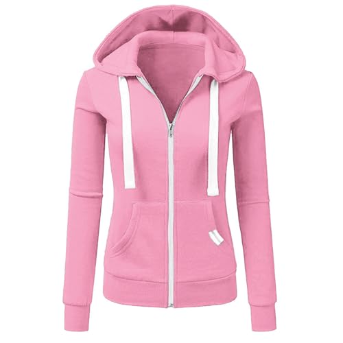 JiJiRuDU Damen Zipper Hoodie Sweatjacke mit Kapuze Casual Einfarbig Jacke Slim Fit Übergangsjacke Langarm Kapuzenjacke Große Größen Sportjacke Leichte Mantel Kapuzenullover Tunnelzug Übergangsmantel von JiJiRuDU