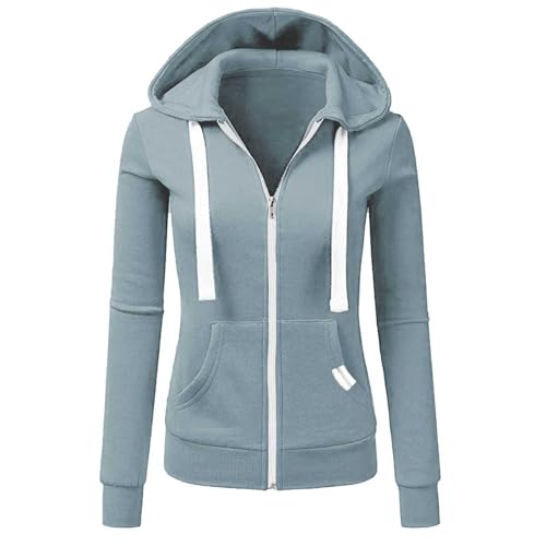 JiJiRuDU Damen Zipper Hoodie Sweatjacke mit Kapuze Casual Einfarbig Jacke Slim Fit Übergangsjacke Langarm Kapuzenjacke Große Größen Sportjacke Leichte Mantel Kapuzenullover Tunnelzug Übergangsmantel von JiJiRuDU