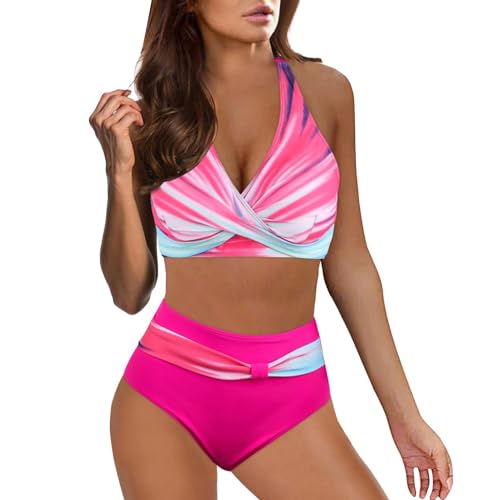 JiJiRuDU Damen Zweiteiliger Badeanzug V Ausschnitt überkreuztes Blumenmuster Hohe Taille Bikini Bademode Bauchkontrolle Bikini Sets L Rosa Streifen von JiJiRuDU