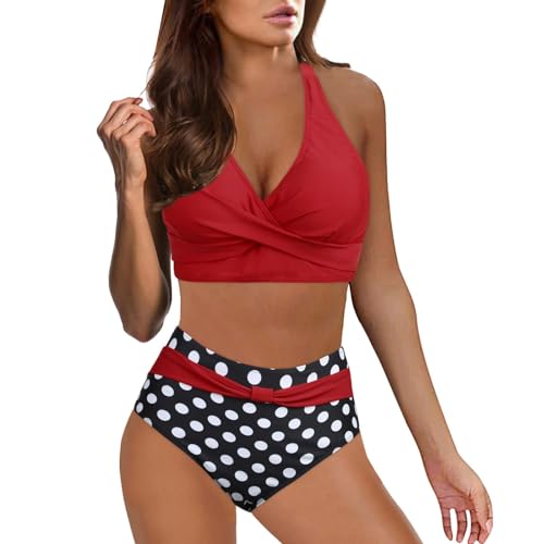 JiJiRuDU Damen Zweiteiliger Badeanzug V Ausschnitt überkreuztes Blumenmuster Hohe Taille Bikini Bademode Bauchkontrolle Bikini Sets M Rote + Schwarze Tupfen von JiJiRuDU