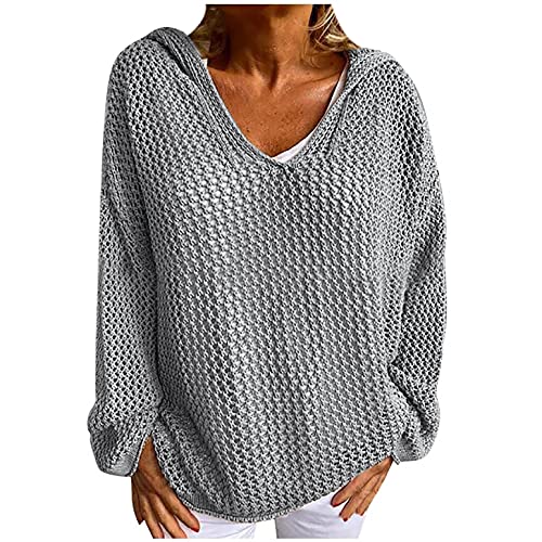 JiJiRuDU 2022 Frühling Damen Pullover, Woll Strickpullover mit Sonnenschutz Kapuze dünner locker sitzender Pullover, modischer durchbrochener Netzpullover von JiJiRuDU