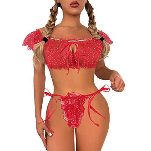 JiJiRuDU Dessous Damen Sexy UnterwäSche, Tüll Nachtkleid Babydoll Damen Spitzen Sexy BH Dessous Set mit G-String Gürtel Große Größen von JiJiRuDU