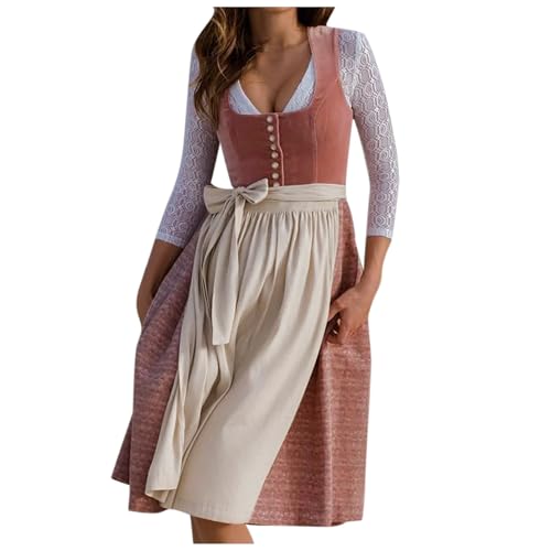 JiJiRuDU Dirndl Damen Lang Trachtenkleid mit Schürze Trachtenmode für Oktoberfest Dirndlkleid von JiJiRuDU