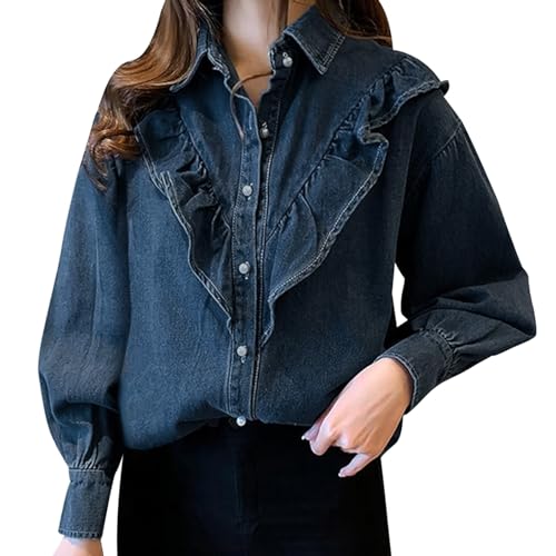 JiJiRuDU Jeansjacke mit Rüschen Damen Elegante Übergangs Jacke Lässige Vintage Denim Jacke Trucker-Biker-Jacken Jeans Blouson Jacke Distressed Ripped Denim Mantel Übergangsjacke Jeansjacken von JiJiRuDU