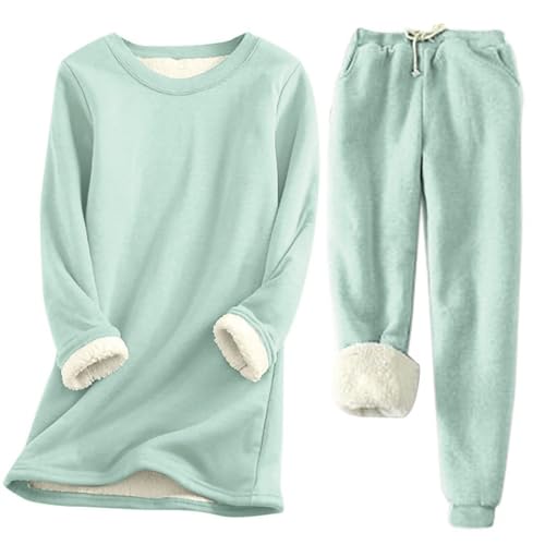 JiJiRuDU Jogginganzug Damen Teddy Fleece Thermounterwäsche Set Rundhals Sherpa Gefüttertes Pullover Sweatshirts Und Warm Teddyfleece Hosenanzug 2 Teilig Einfarbig Thermoanzug von JiJiRuDU