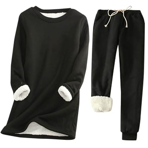 JiJiRuDU Jogginganzug Damen Teddy Fleece Thermounterwäsche Set Rundhals Sherpa Gefüttertes Pullover Sweatshirts Und Warm Teddyfleece Hosenanzug 2 Teilig Einfarbig Thermoanzug von JiJiRuDU
