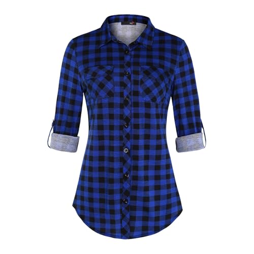 JiJiRuDU Kariertes Hemd Damen - Weiches Gestrick Karierte Bluse Langarm Holzfällerhemd 3/4 Roll Up Ärmel Hemdbluse Button-Down Karohemd Blusen Top von JiJiRuDU