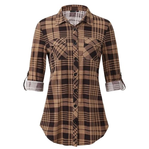 JiJiRuDU Kariertes Hemd Damen - Weiches Gestrick Karierte Bluse Langarm Holzfällerhemd 3/4 Roll Up Ärmel Hemdbluse Button-Down Karohemd Blusen Top von JiJiRuDU