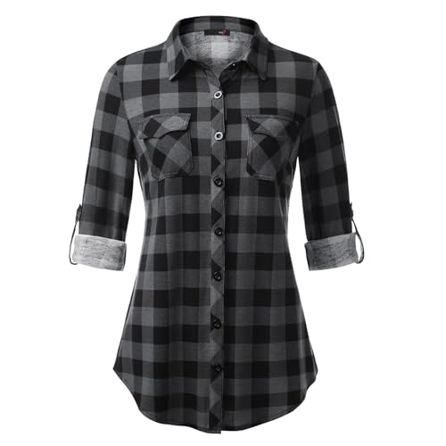 JiJiRuDU Kariertes Hemd Damen - Weiches Gestrick Karierte Bluse Langarm Holzfällerhemd 3/4 Roll Up Ärmel Hemdbluse Button-Down Karohemd Blusen Top JiJiRuDU Kariertes Hemd Damen - Weiches Gestrick Karierte Bluse Langarm Holzfällerhemd 3/4 Roll Up Ärmel Hemdbluse Button-Down Karohemd Blusen Top von JiJiRuDU