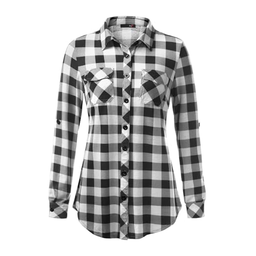 JiJiRuDU Kariertes Hemd Damen - Weiches Gestrick Karierte Bluse Langarm Holzfällerhemd 3/4 Roll Up Ärmel Hemdbluse Button-Down Karohemd Blusen Top von JiJiRuDU
