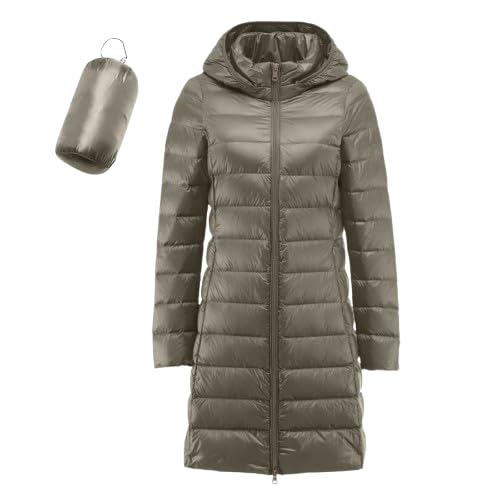 JiJiRuDU Leichte Daunenjacke Damen Lang Daunenmantel Damen Ultraleichte Daunenjacken Packbar Lange Leichter Daunen Steppjacke mit Kapuze Lightweight Steppmantel Daunen Mantel von JiJiRuDU