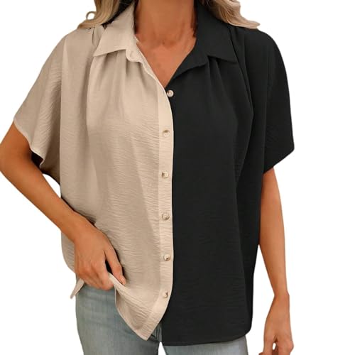 JiJiRuDU Musselin Bluse Damen Oversize Farbblock Hemdbluse mit Stehkragen Casual V-Ausschnitt Kurze Ärmel Button Down Oberteile Lockere Passform Chiffon Blusen Tops von JiJiRuDU