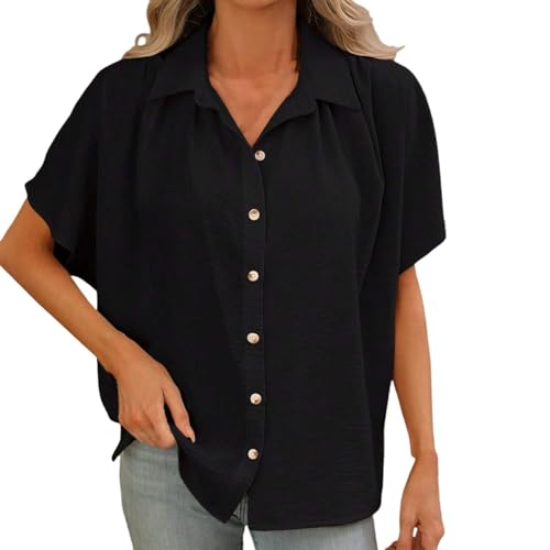 JiJiRuDU Musselin Bluse Damen Oversize Farbblock Hemdbluse mit Stehkragen Casual V-Ausschnitt Kurze Ärmel Button Down Oberteile Lockere Passform Chiffon Blusen Tops von JiJiRuDU