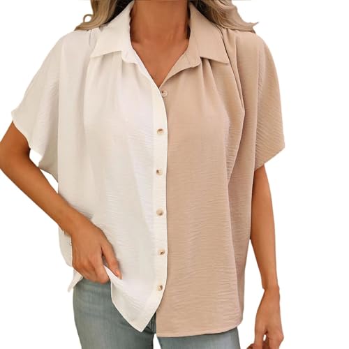 JiJiRuDU Musselin Bluse Damen Oversize Farbblock Hemdbluse mit Stehkragen Casual V-Ausschnitt Kurze Ärmel Button Down Oberteile Lockere Passform Chiffon Blusen Tops von JiJiRuDU