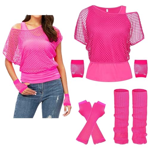 JiJiRuDU Netz Oberteil Frauen 80er Jahre Outfit Damen Netzshirt Netztop Netzhemd 90er Jahre Outfits Karneval Fasching Motto Party Tops Netzoberteil Sommertops von JiJiRuDU