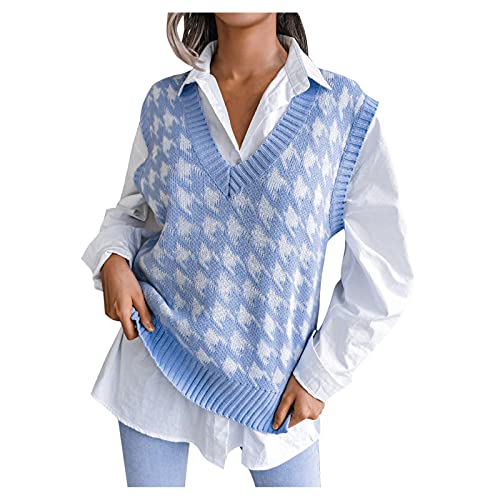 JiJiRuDU Pullunder Damen Strick V Ausschnitt Kariert Weste Ärmellos Strick Casual Tops von JiJiRuDU