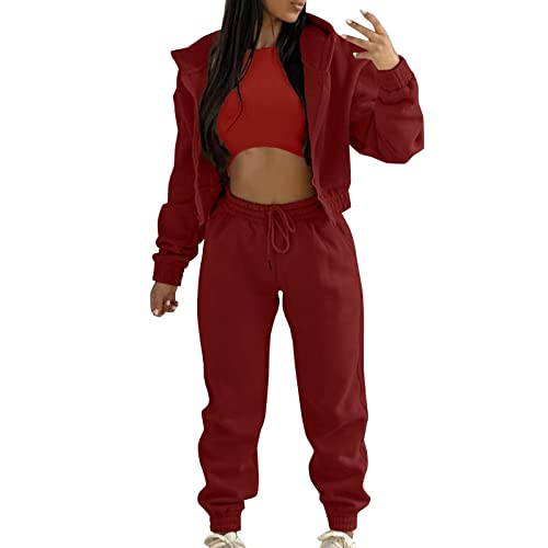 JiJiRuDU Sportanzüge Damen 3 Stücke Jogginganzug Sport Sets Yoga Outfit Freizeitanzug Sportswear Langarm Kapuzenjacke + Crop Top + Jogginghose mit Taschen von JiJiRuDU