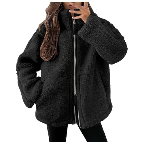 JiJiRuDU Teddyjacke Damen Winter Teddyfleece Jacke Doppelschieber Reißverschluss Winterjacke Thermal Teddy Wintermantel Einfarbig Revers Fleecejacke Flauschig Plüschjacke Outdoor Fleecemantel von JiJiRuDU