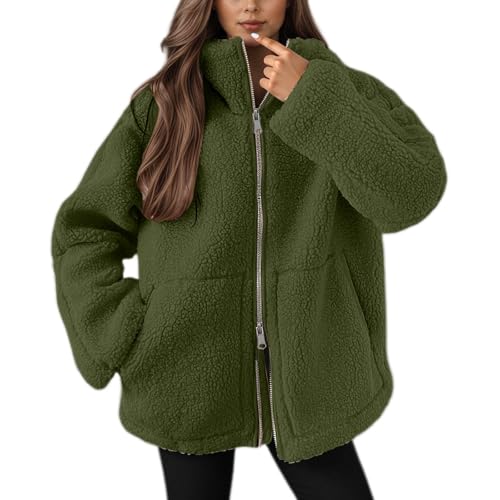JiJiRuDU Teddyjacke Damen Winter Teddyfleece Jacke Doppelschieber Reißverschluss Winterjacke Thermal Teddy Wintermantel Einfarbig Revers Fleecejacke Flauschig Plüschjacke Outdoor Fleecemantel von JiJiRuDU