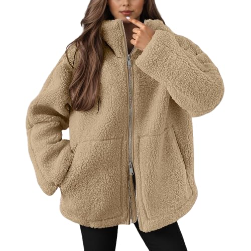 JiJiRuDU Teddyjacke Damen Winter Teddyfleece Jacke Doppelschieber Reißverschluss Winterjacke Thermal Teddy Wintermantel Einfarbig Revers Fleecejacke Flauschig Plüschjacke Outdoor Fleecemantel von JiJiRuDU