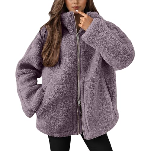 JiJiRuDU Teddyjacke Damen Winter Teddyfleece Jacke Doppelschieber Reißverschluss Winterjacke Thermal Teddy Wintermantel Einfarbig Revers Fleecejacke Flauschig Plüschjacke Outdoor Fleecemantel von JiJiRuDU