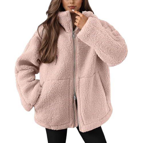 JiJiRuDU Teddyjacke Damen Winter Teddyfleece Jacke Doppelschieber Reißverschluss Winterjacke Thermal Teddy Wintermantel Einfarbig Revers Fleecejacke Flauschig Plüschjacke Outdoor Fleecemantel von JiJiRuDU