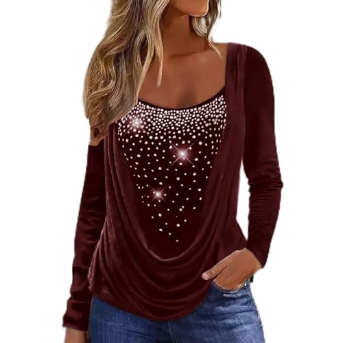 JiJiRuDU Tunika Damen Elegant Pailletten Oberteil Langarm Festliche Bluse mit Strass Lässig Plissee Rundhals Glitzer Oberteile Langarmshirt Festliche Party Glitzer Pullover Top von JiJiRuDU