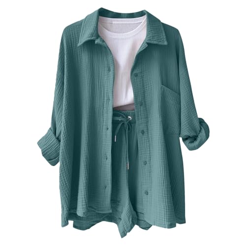 Zweiteiler Damen Sommer Musselin Bluse Hemd und Shorts Clothes Elegant Aesthetic Lounge Set Strand Outfit Set Two Piece Mode Leicht Urlaub Freizeit Oberteile Strand Loungewear Freizeitanzug von JiJiRuDU