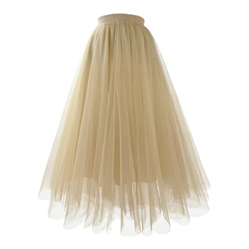 Khaki Tüllrock Damen Lang Tüll Rock 50er Karneval Kostüm Damen Knielange Tüllrock Elastische Hohe Taille A-Linie Mesh Swing Unterrock Rockabilly Maxirock Crinoline Party Ballkleid Abendkleid von JiJiRuDU