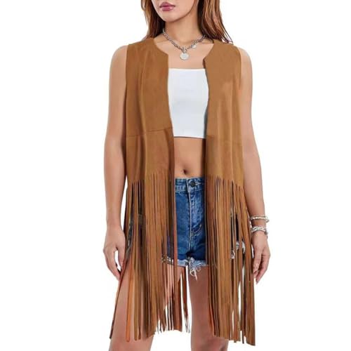Lange Damenweste mit Fransen, 60er 70er Jahre Faux Wildleder Cowboy Ärmellos Weste Cardigan Retro Hippie Fransenweste Mantel Fransen Hippieweste Boho Festival Bolero Karneval Faschingskostüme von JiJiRuDU