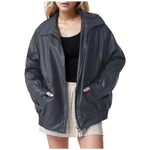 Lederjacke Damen Große Größen PU Leder Jacke Hippie Style Leder Übergangsjacke Locker Reißverschluss Motorrad Moto Bikerjacke Oversize Kunstlederjacke Mantel Pilotenjacke Damenjacken Frühjahr von JiJiRuDU