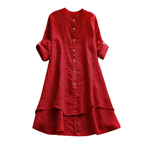 JiJiRuDU Leinen Damen Bluse Elegant V-Ausschnitt Tunika Longshirts Sommer Lässig Button-Down Langarmshirt Baumwolle Leinen Einfarbig Longbluse Slim Fit Tunika Hemdbluse T Shirt mit Taschen von JiJiRuDU